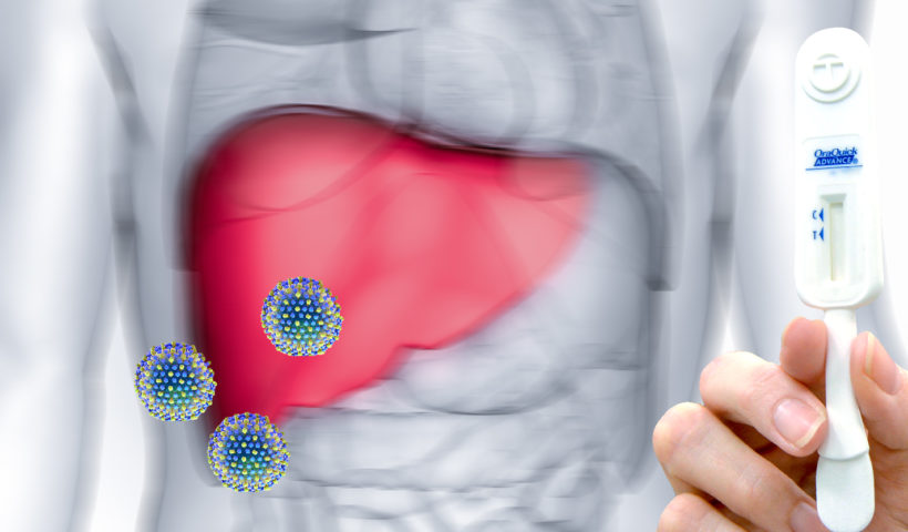 Virus hcv stilizzato con fegato e stick per esame della saliva per l'epatite c