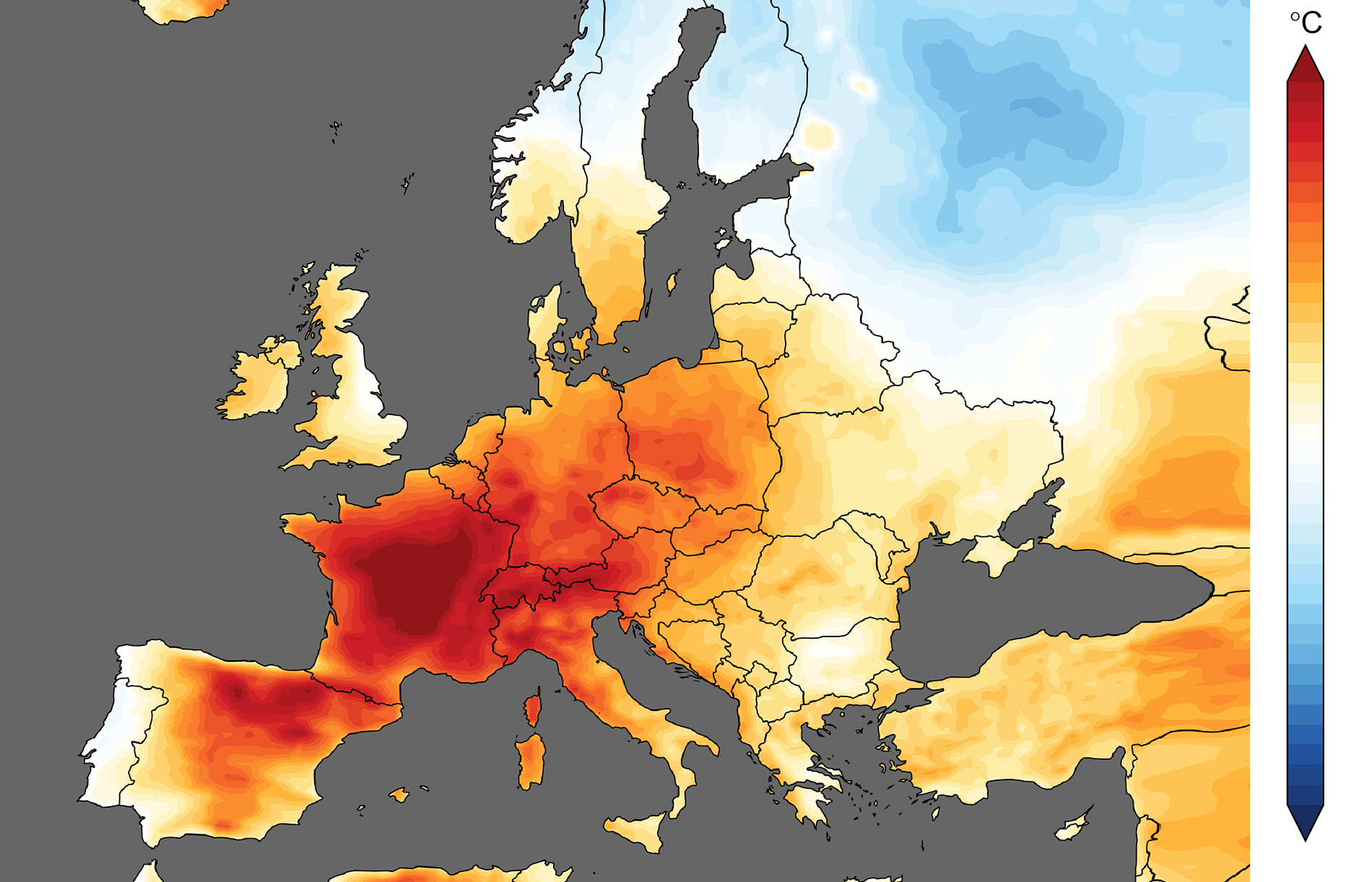 Mappa d'Europa con valori del caldo