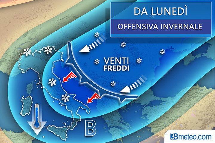 lunedì meteo italia neve freddo