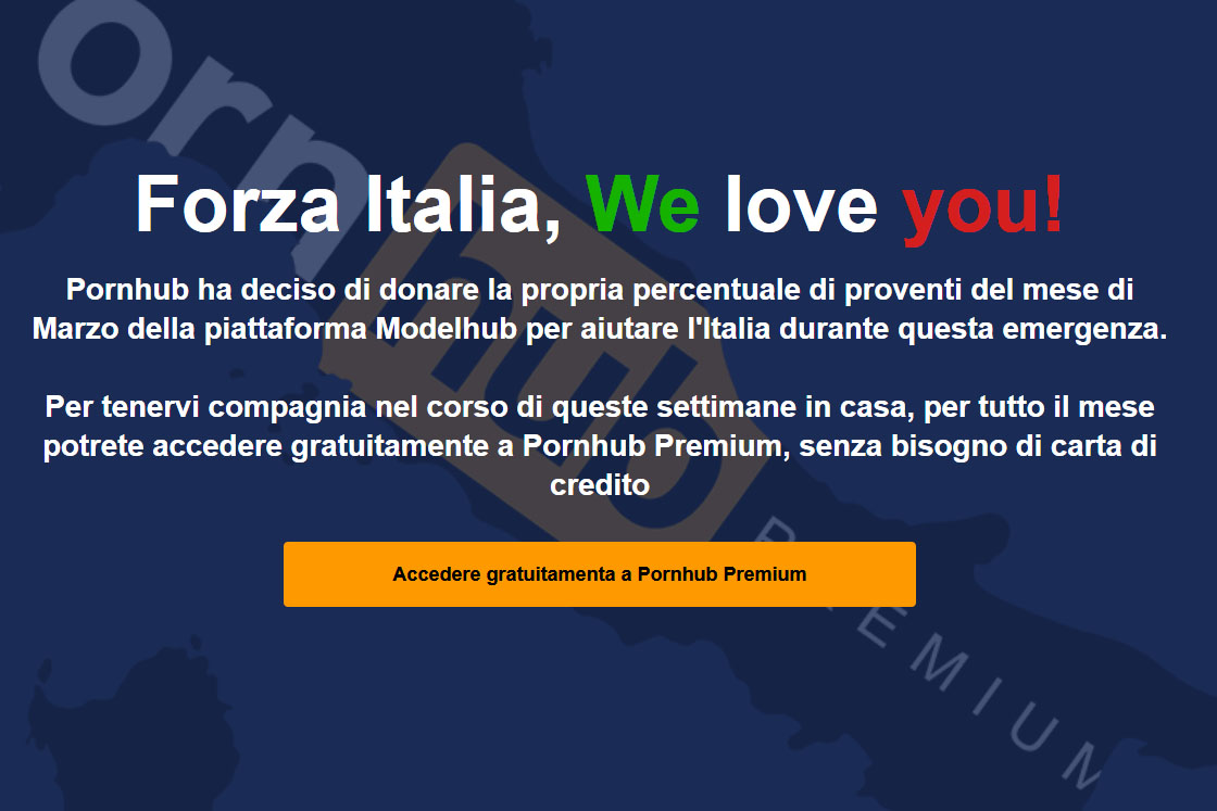 La schermata di pornhub dedicata agli italiani alle prese con il coronavirus