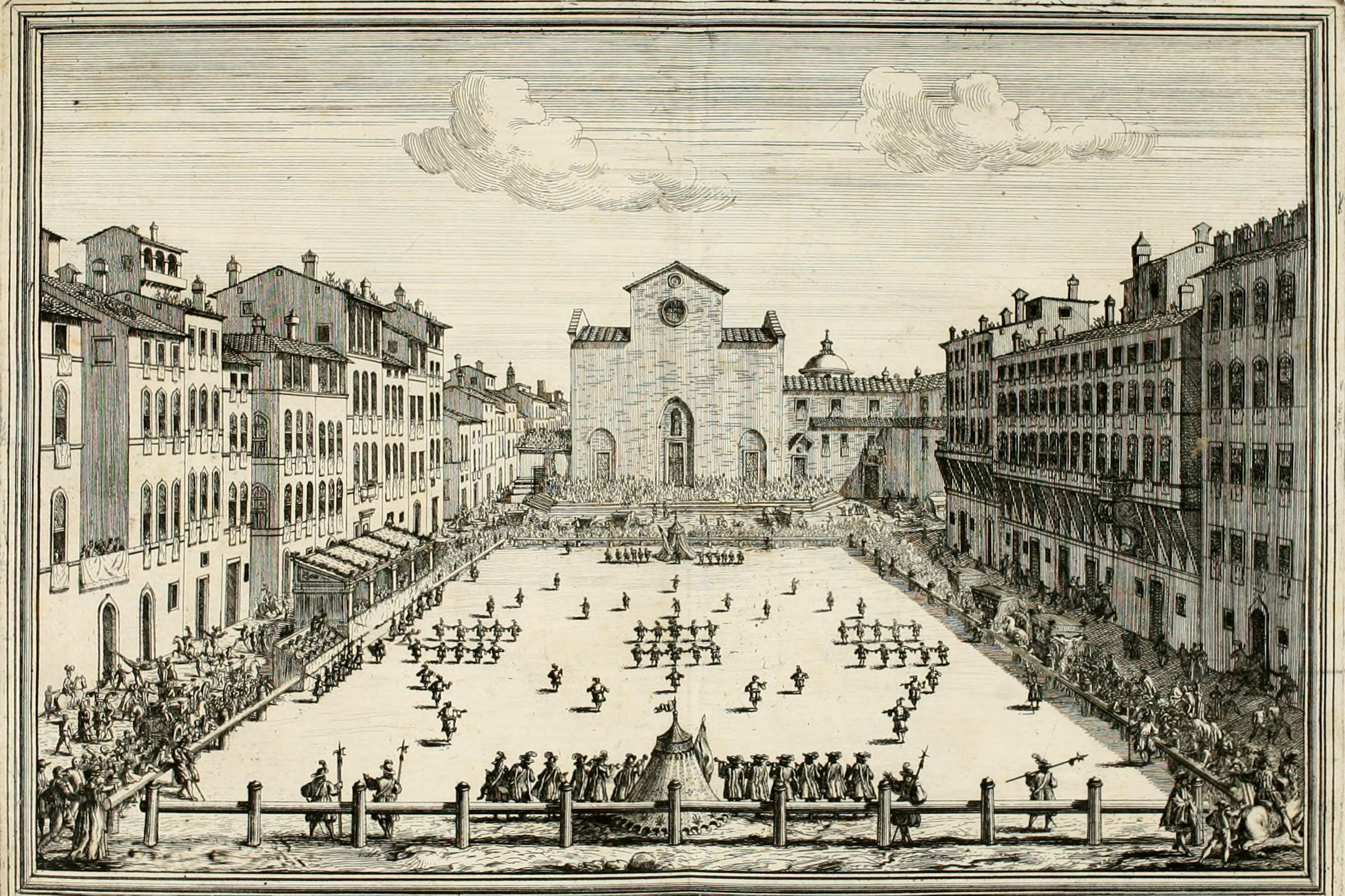 Una stampa con una partita del 1688 del calcio storico