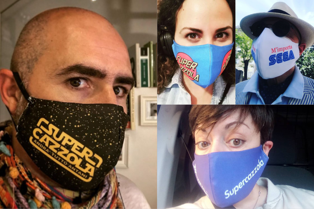 Quattro esempi di mascherine della supercazzola sul volto di due uomini e due donne