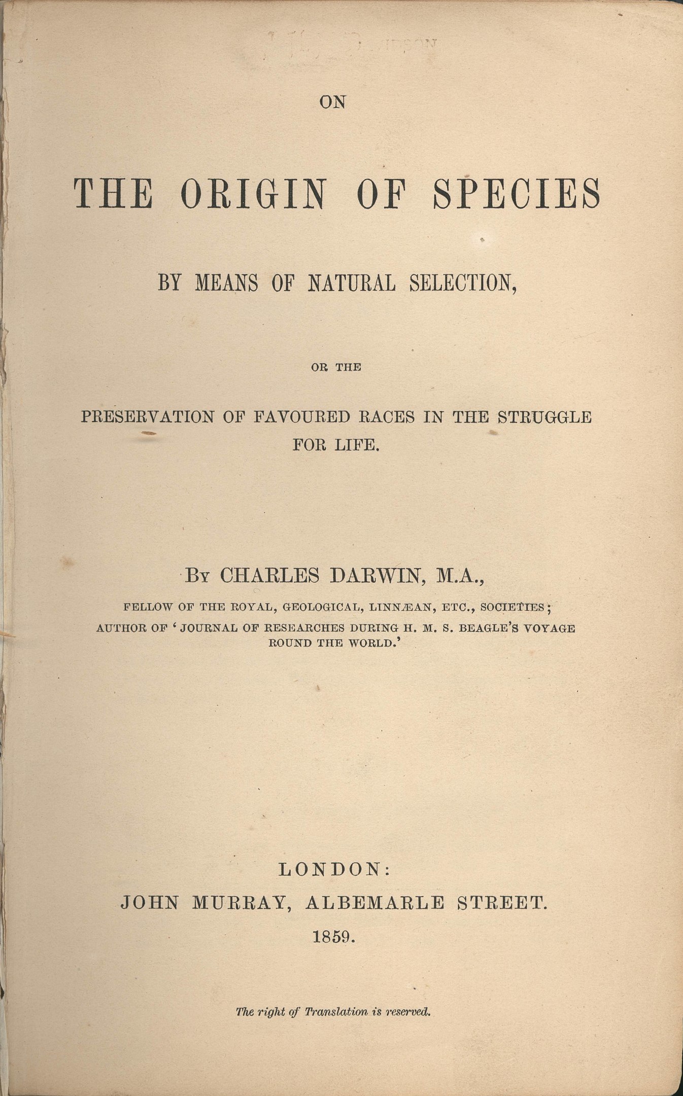Pubblicato “L’origine delle specie” di Charles Darwin
