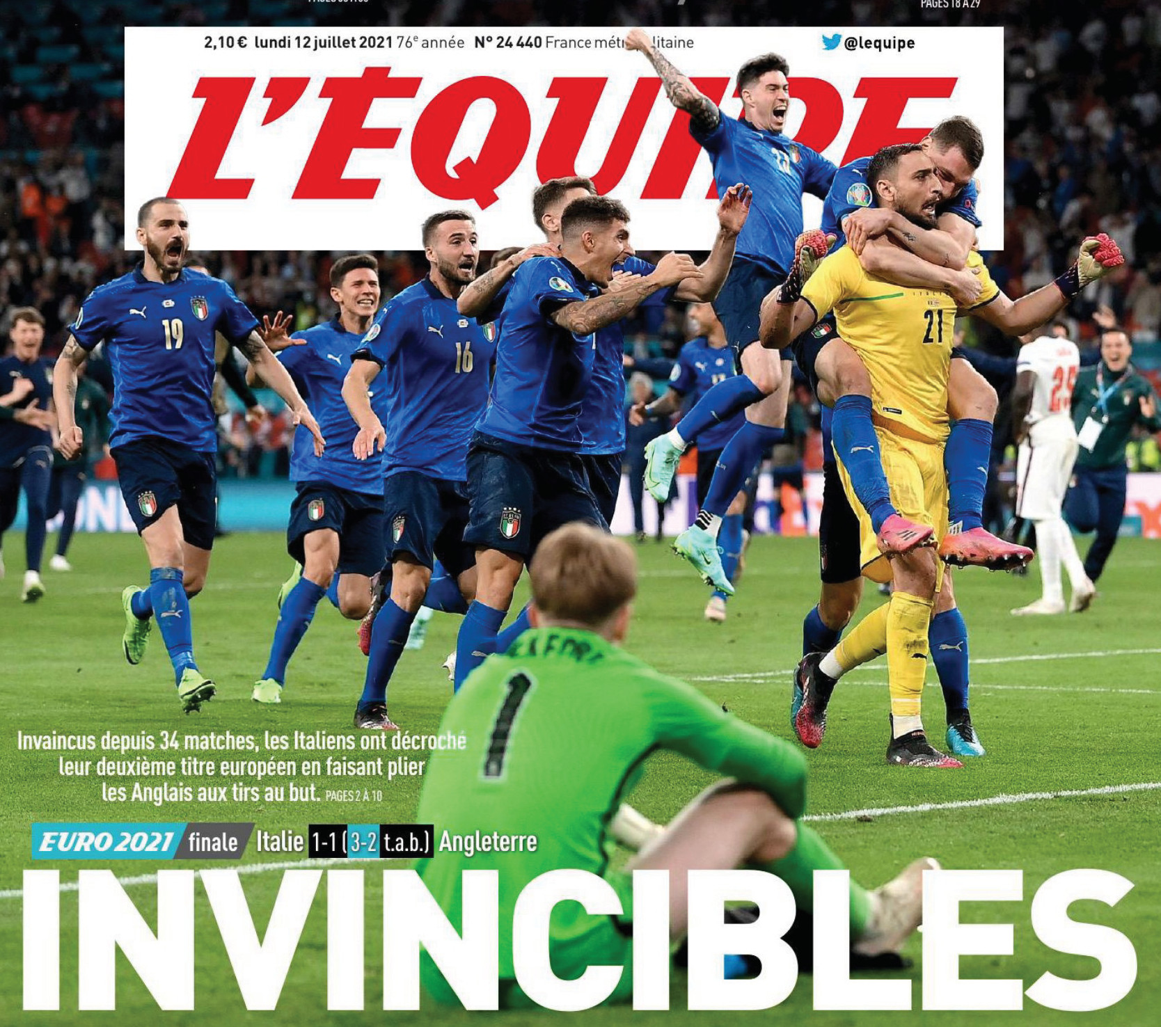 La prima pagina del quotidiano sportivo francese Equipe sulla vittoria dell'Italia
