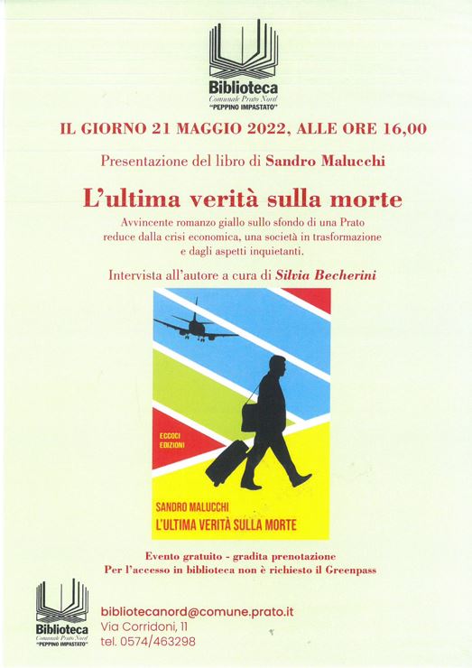 “L’ultima verità sulla morte” di Sandro Malucchi il 21 maggio alla Biblioteca Comunale Prato Nord “Peppino Impastato”