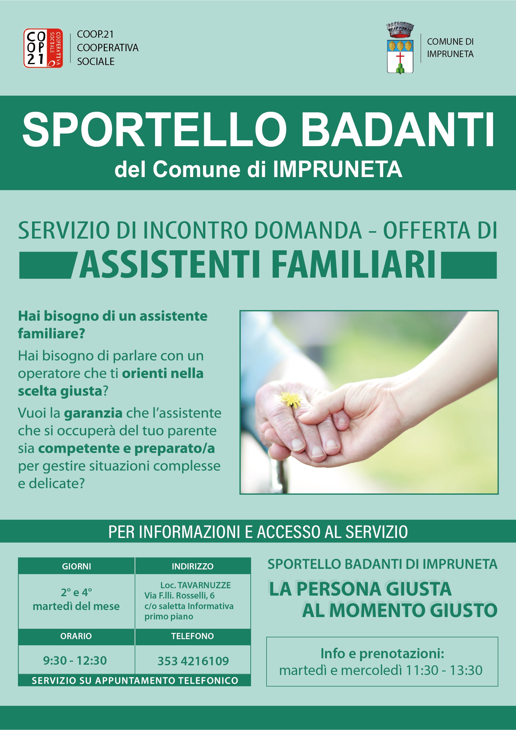 Dal 12 luglio aperto a Tavarnuzze il servizio per aiutare i cittadini a trovare una/un badante