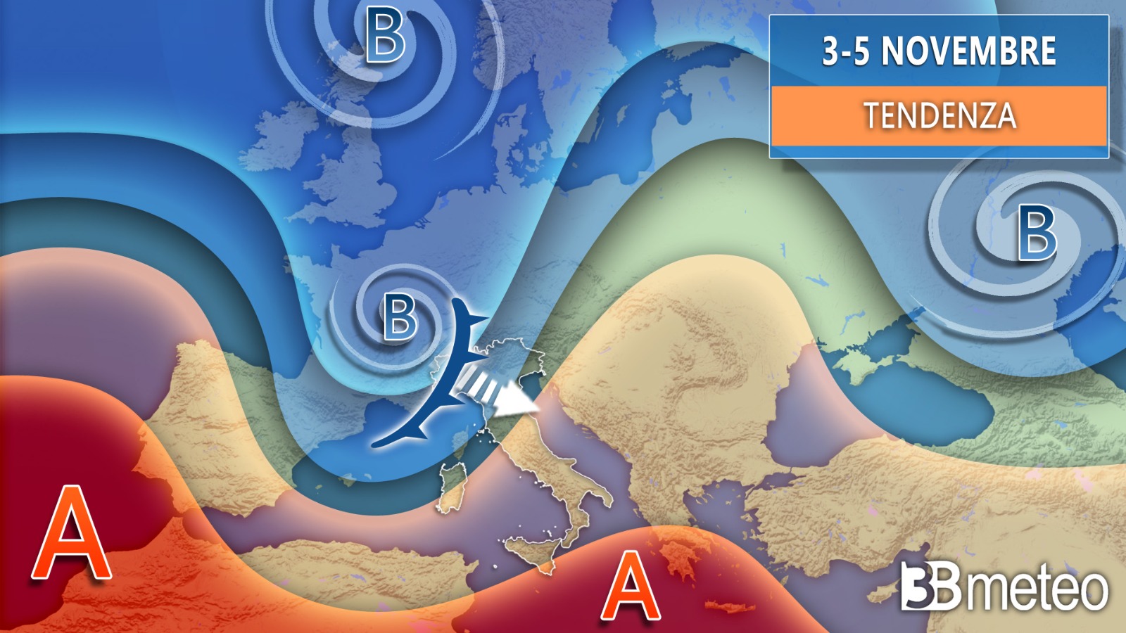 svolta autunnale dal 3-4 novembre, in arrivo pioggia, vento, neve e temperature giù anche di 8-10°C”