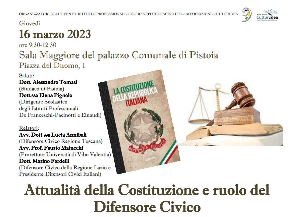 16 marzo incontro su Attualità della Costituzione e ruolo del Difensore Civico in Sala Maggiore del Comune di Pistoia