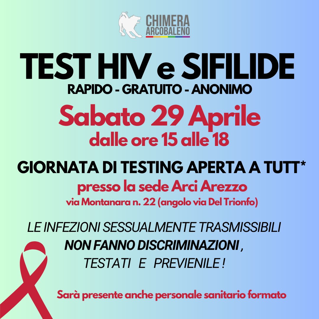 Sabato 29 aprile: Test HIV e sifilide rapidi, gratuiti e anonimi nella sede Arci Arezzo