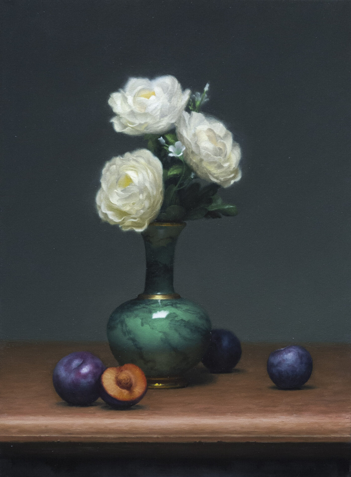 valerio testa green vase and plums olio su tela