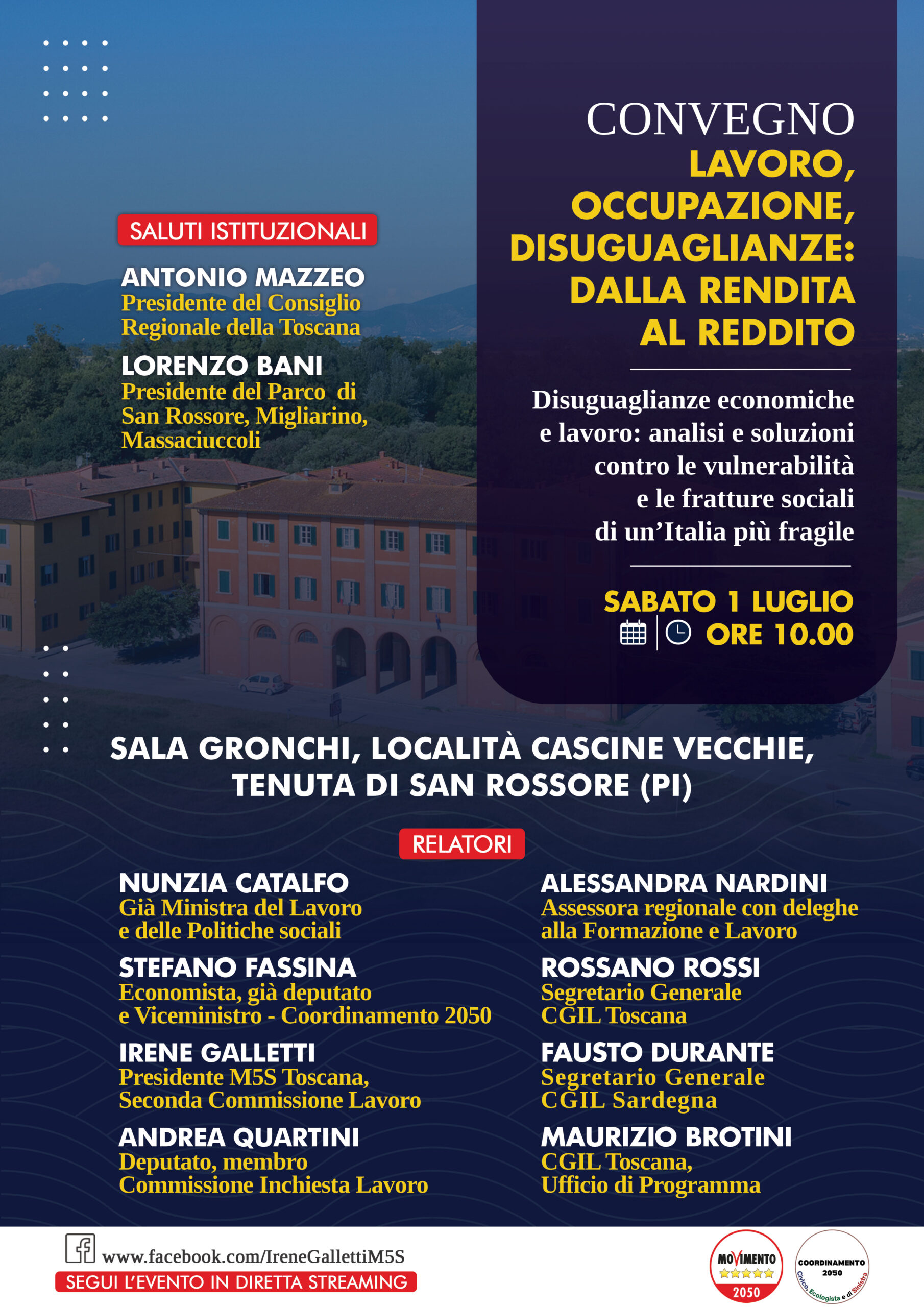 Convegno: M5S e Coordinamento 2050 riuniscono esperti, personalità della politica e dei sindacati a San Rossore per dibattere su occupazione e reddito