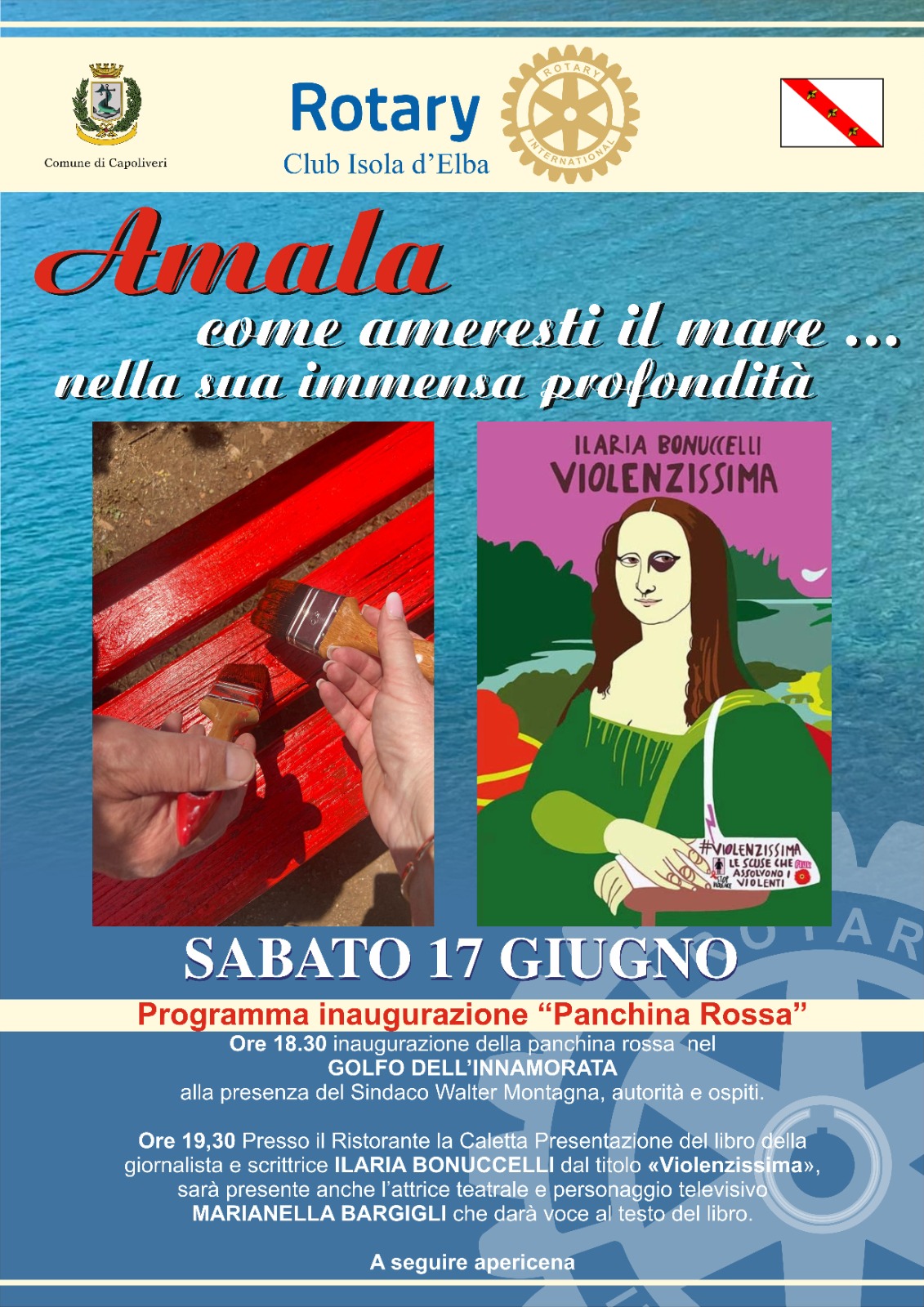 Marianella Bargilli inaugura una Panchina Rossa all’Elba dono di due uomini sabato 17 giugno