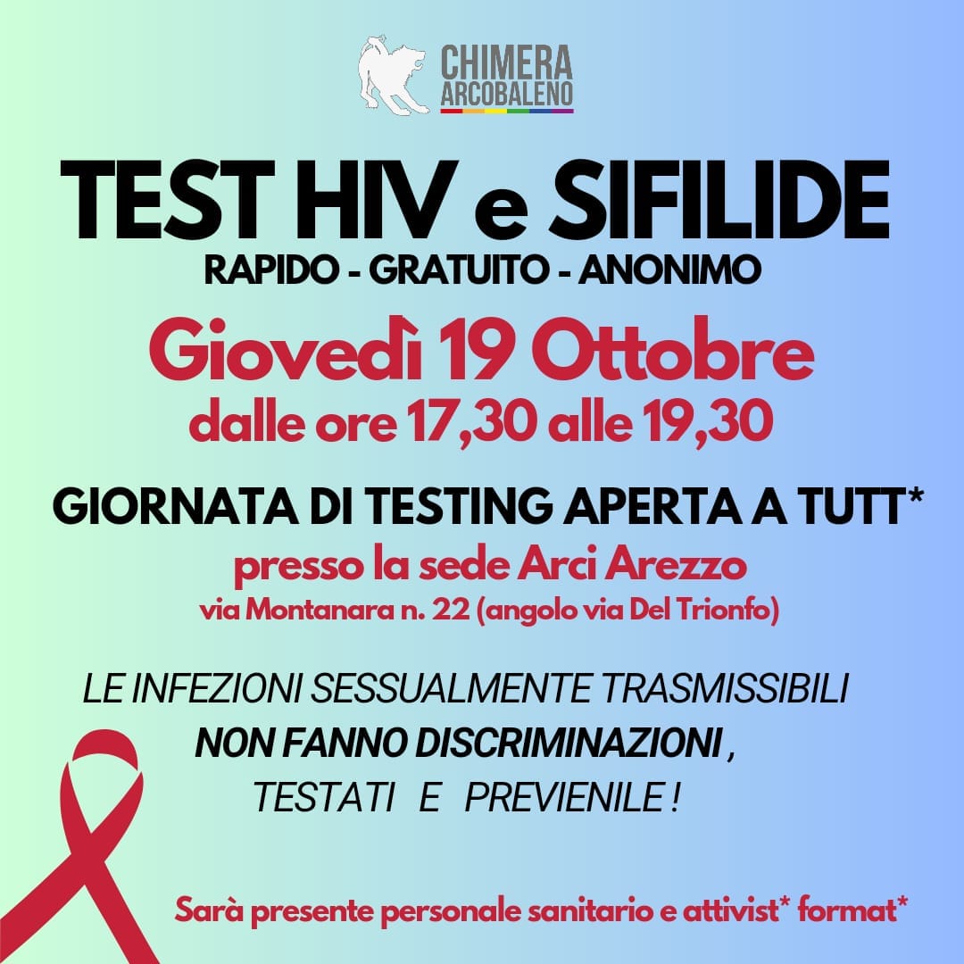 Test HIV e sifilide rapidi, gratuiti e anonimi nella sede Arci Arezzo Giovedì 19 Ottobre pomeriggio