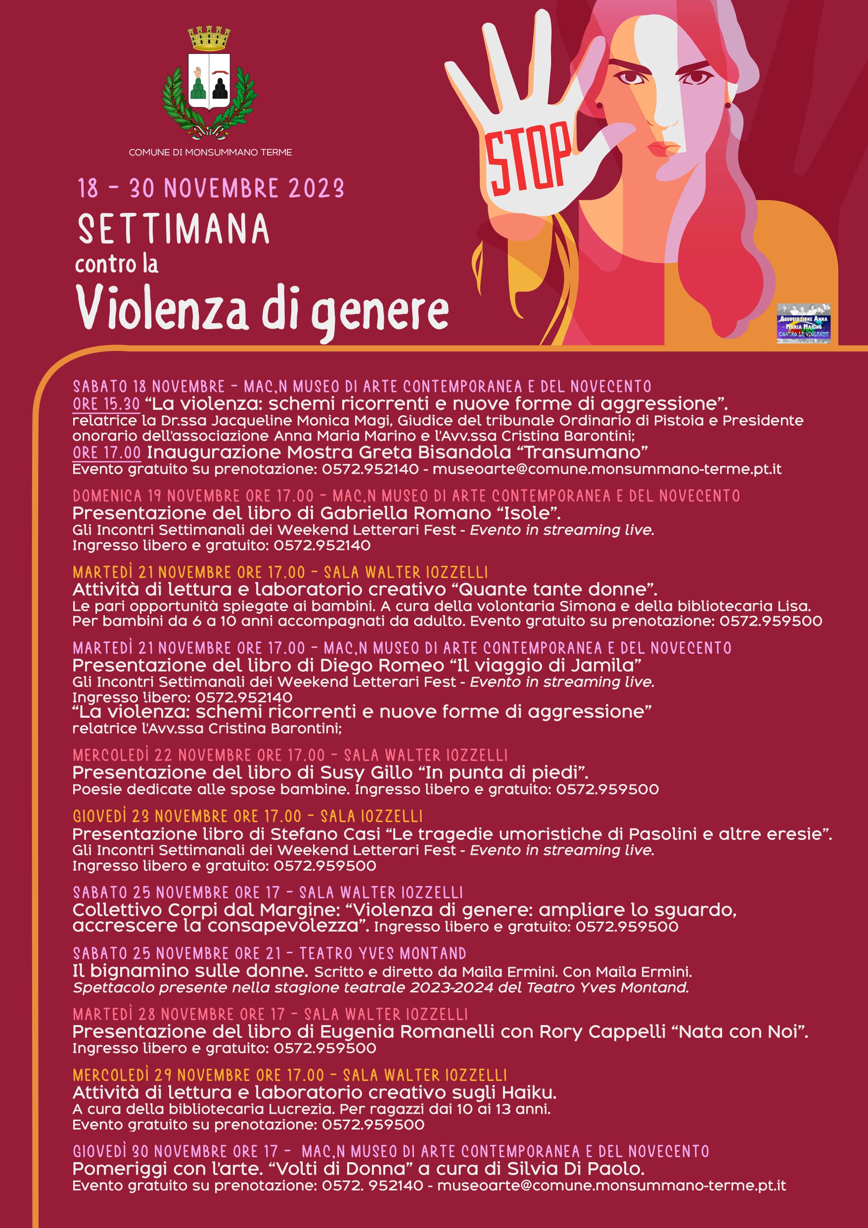 A MONSUMMANO TERME UNA SETTIMANA DI EVENTI CONTRO LA VIOLENZA DI GENERE