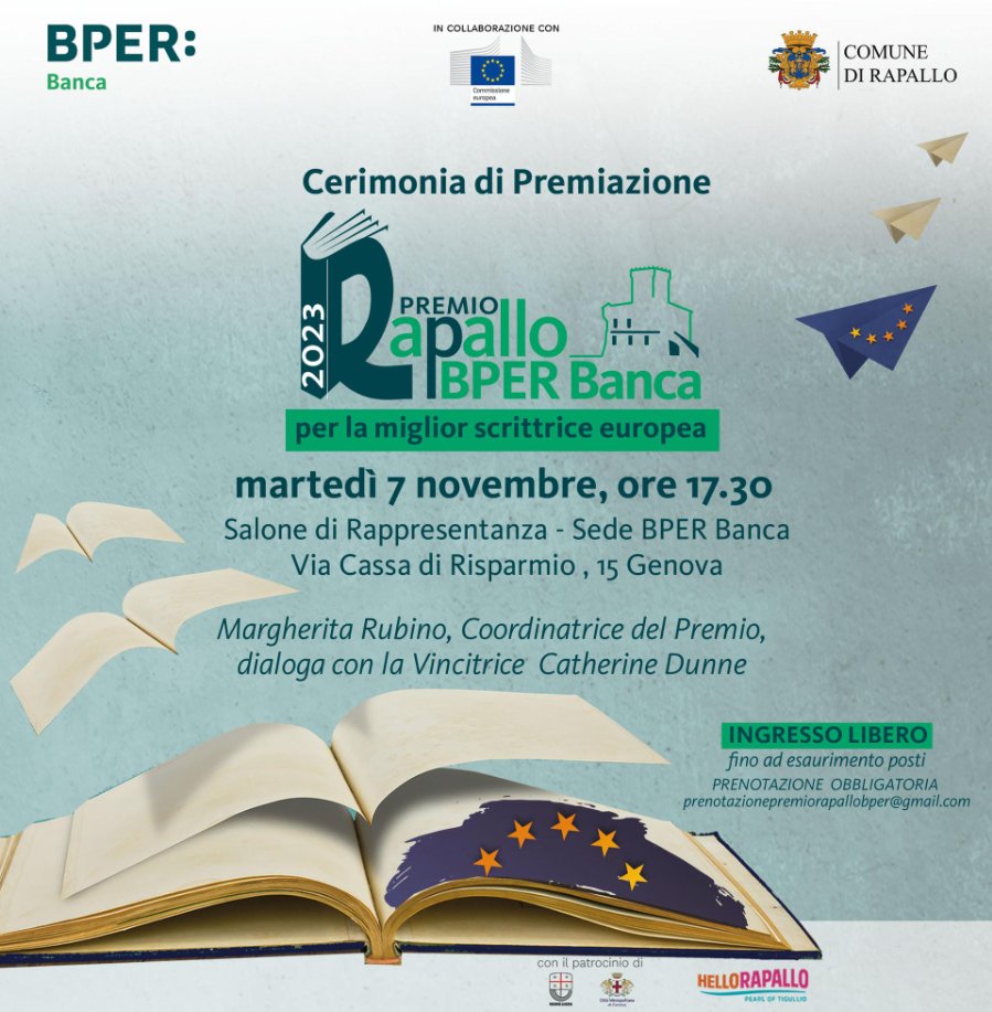 Premio Rapallo BPER Banca 2023 | Martedì 7 novembre ore 17.30 cerimonia di premiazione per la miglior scrittrice europea: Catherine Dunne | Genova