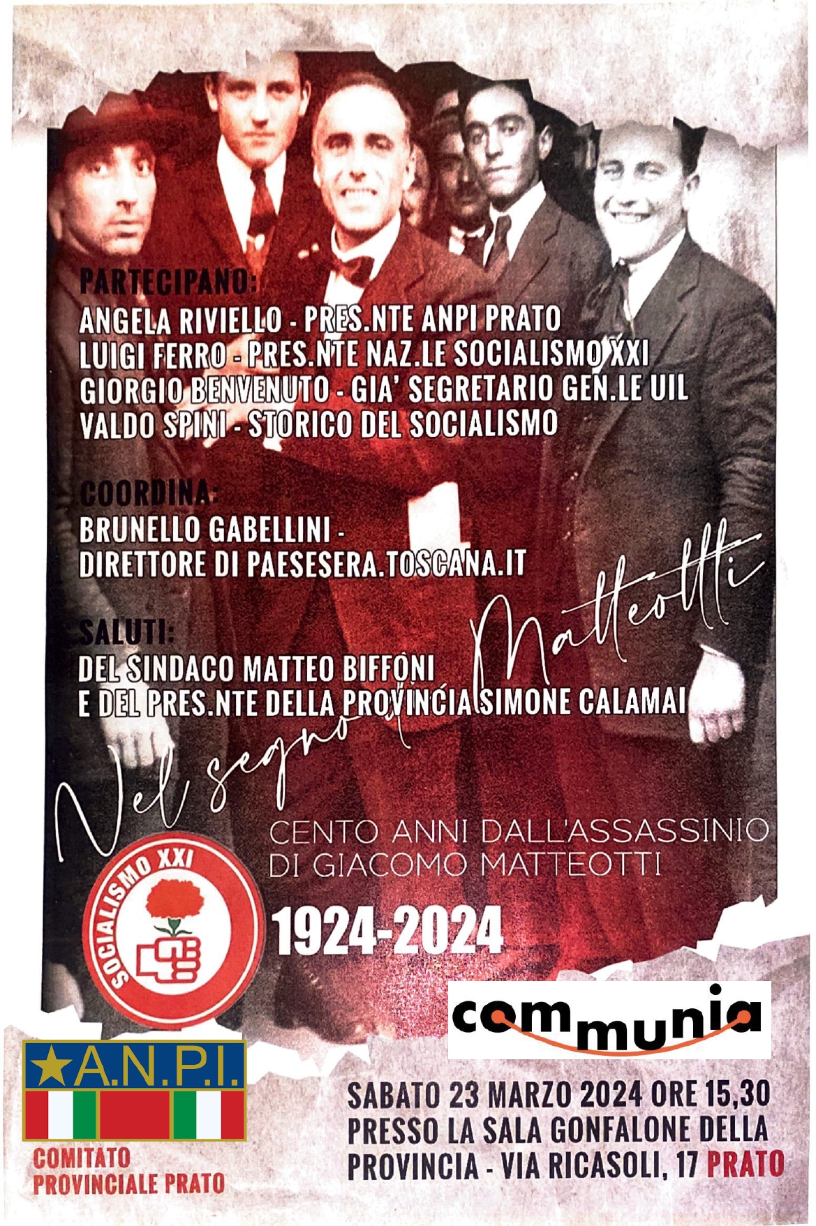 Cento anni dall’assassinio di Giacomo Matteotti: sabato 23 marzo iniziativa di ANPI, SocialismoXXI e Communia aps
